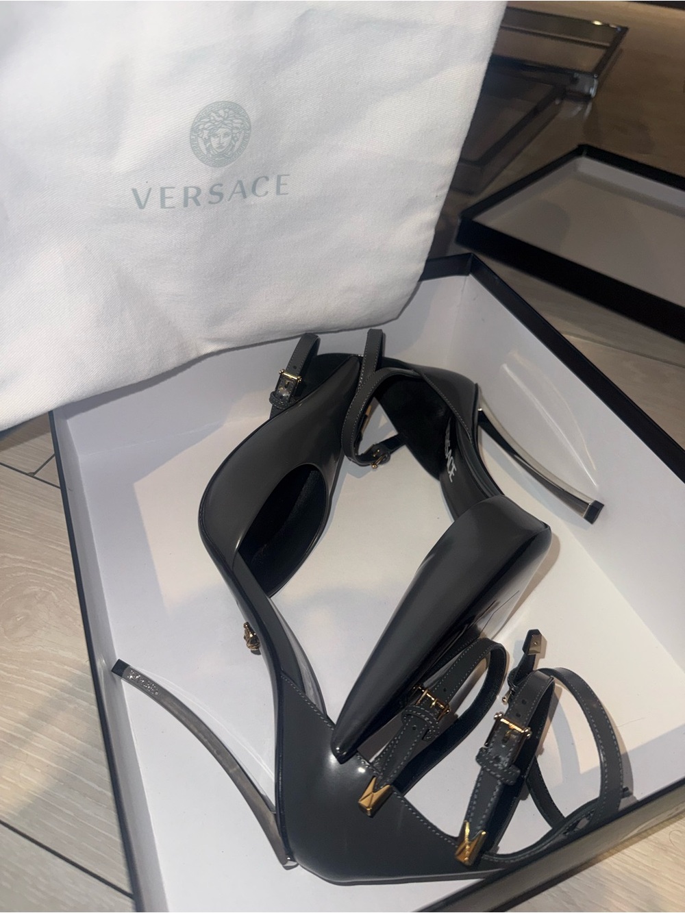 Versace Gray Strappy Pointed Stiletto Heels with Gold Accents. - Picture 2 of 6